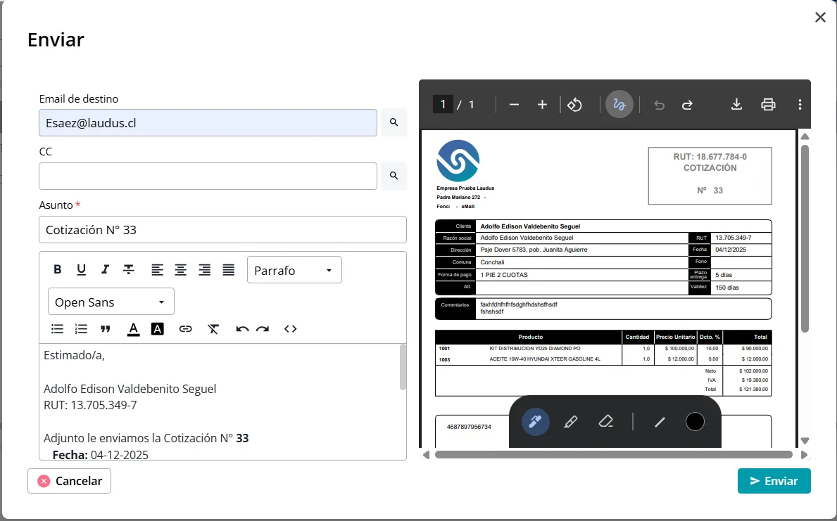 Plataforma para crear y enviar cotizaciones en Laudus